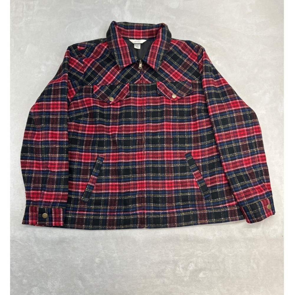 CJ Banks Jacket Shacket 1X Plus Red Black Blue Plaid Wool Blend Zip Pockets